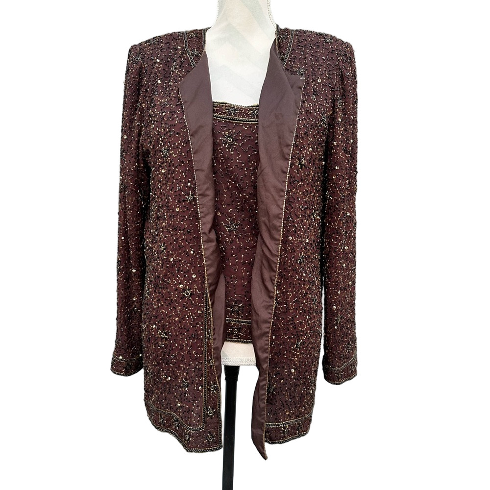 Vintage Stenay Brown Silk Beaded Two Piece Set